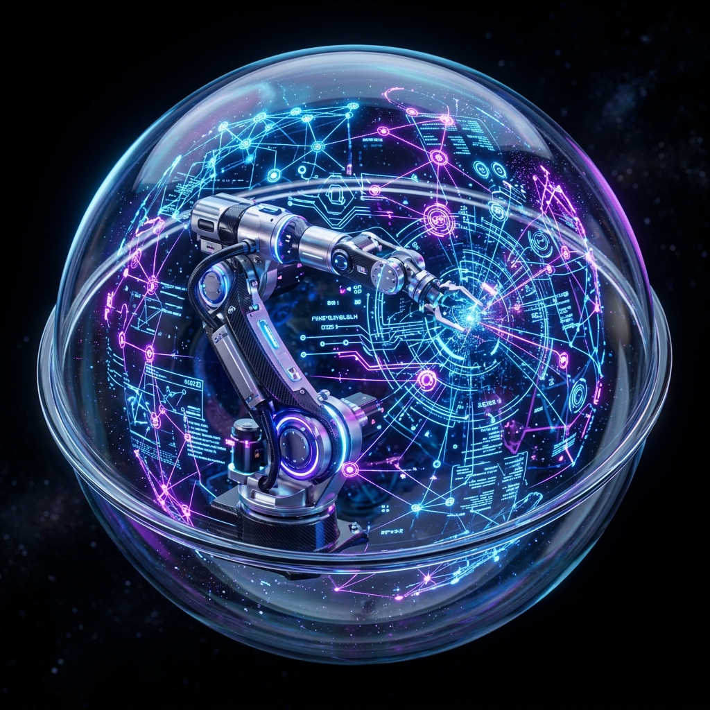 Futuristic robotics inside a glass sphere showing mechanical engineering and digital networks
